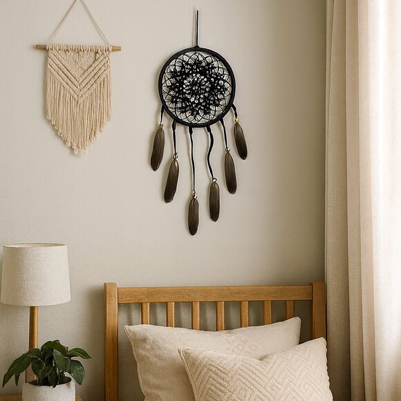 🖤 Handcrafted Black Dreamcatcher – Boho Wall Hanging w/ Feathers (UK Purchase) - Picture 1 of 2